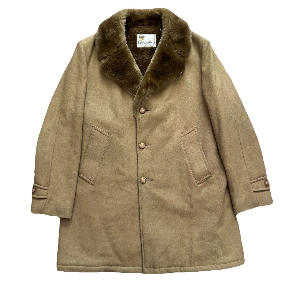 Vintage 70s Lakeland Faux Fur Lined Long Coat Men's 44 Light Brown Marlboro